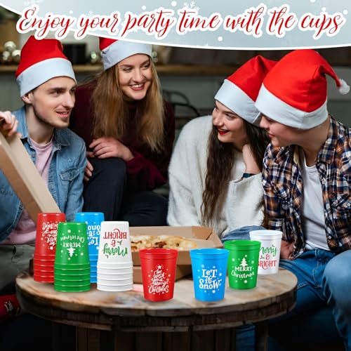 Potchen 60-Pack 16 oz Christmas Plastic Tumblers – Reusable, Text Variants Included