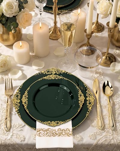 Morejoy Green Gold 175PCS Plastic Dinnerware Set - 25 Plates, 25 Dessert Plates, 25 Cups & 25 Utensils (Green & Gold)