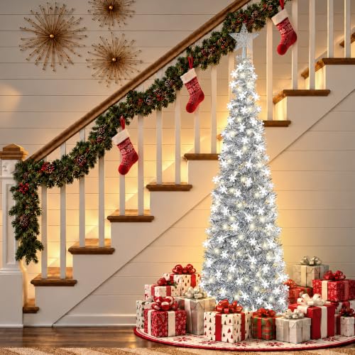 Silver White 5FT Pop-up Christmas Tree with Snowflake Decor & Timer Lights