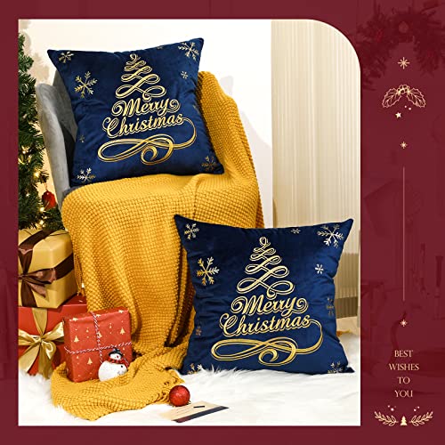 Lewondr Christmas Throw Pillow Covers, Christmas Tree Embroidery Hot Stamping Pattern Dutch Velvet Pillowcases Home Xmas Decorative Cushion Covers Soft for Sofa Bed Chair, 2 Pack, Navy Blue