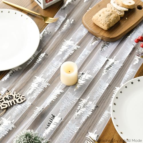 28 x 120 Inch White Silver Christmas Tree Gauze Table Runner Glitter Holiday Decor