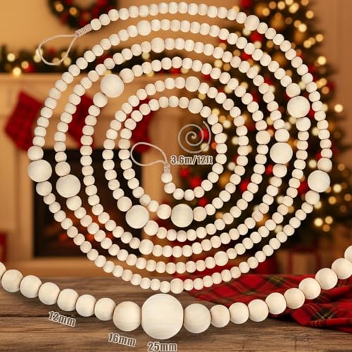 12-Foot Wooden Bead Garland, Rustic Farmhouse Christmas Tree Decoration