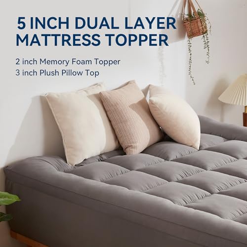 BDEUS 5 Inch Queen Memory Foam Mattress Topper with Cooling Gel & Pillow Top