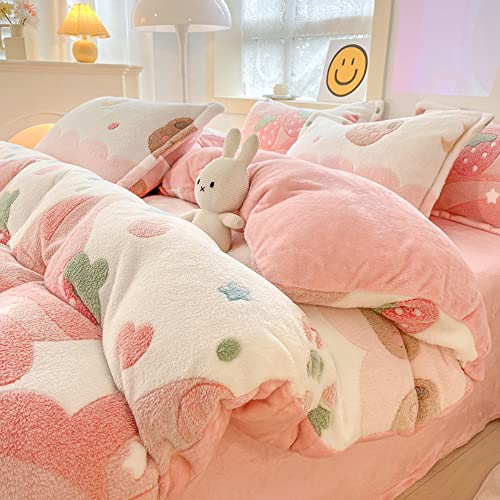 Queen Size Strawberry Duvet Cover Set, 3-Piece Fluffy Faux Fur Bedding