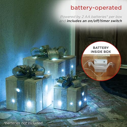 Alpine 3-Piece Wooden Gift Box Christmas Decor with LED Lights - Silver Ribbon