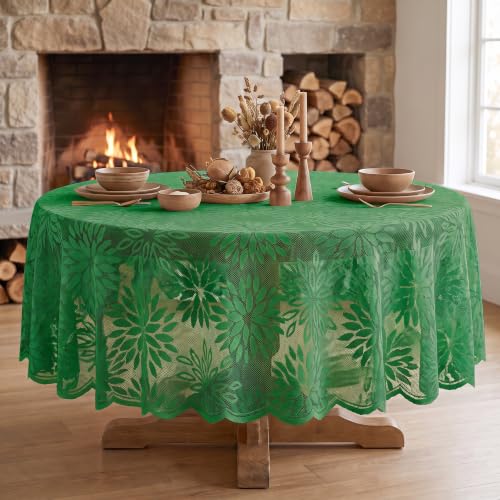 Horaldaily Christmas Green Lace Dahlia Tablecloth 60x60 Round - 60" Round, Dark Green