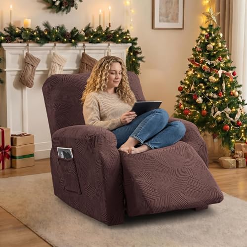 Stretch Geometric Jacquard Recliner Chair Cover - 4-Piece Set, Chocolate, Fits 36-46"