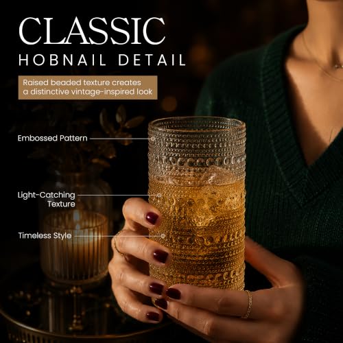 MosJos Set of 8 Hobnail Drinking Glasses 15.2 oz Vintage Highball Tumblers