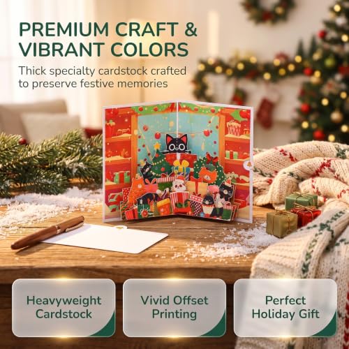 Christmas Cat 3D Pop Up Greeting Card with Envelope - Funny Holiday Card for Cat Lovers