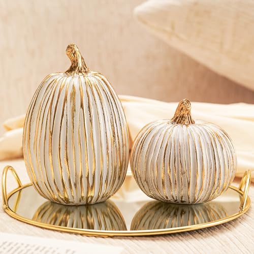 White and Gold Resin Pumpkin Figurines - Set of 2 Fall Table Centerpieces