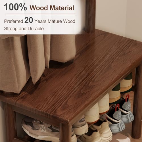 Wooden Hall Tree with Bench, 11-Hook Coat Rack and 2-Tier Shoe Storage
