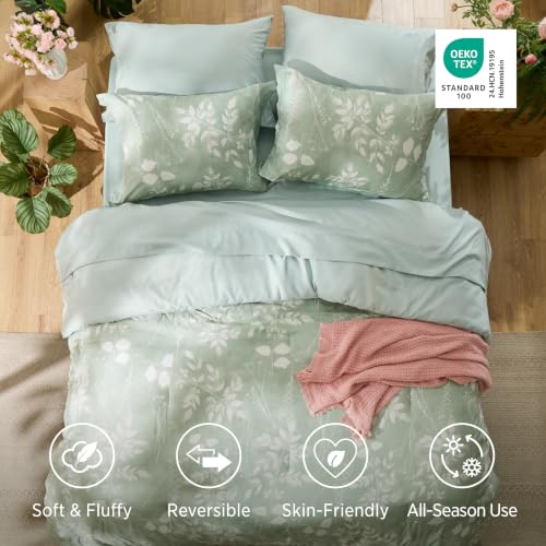 Sage Green Floral Queen Comforter Set - 7-Piece All-Season Bed in a Bag