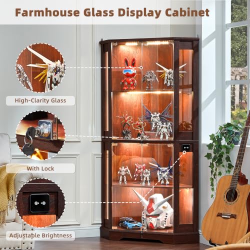 Farmhouse Corner Display Cabinet with Glass Doors and Motion-Sensor LED
