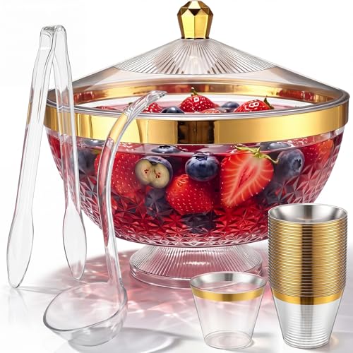 1.4 Gallon Plastic Punch Bowl Set with 25 Cups, Ladle, and Tongs - Gold Trim