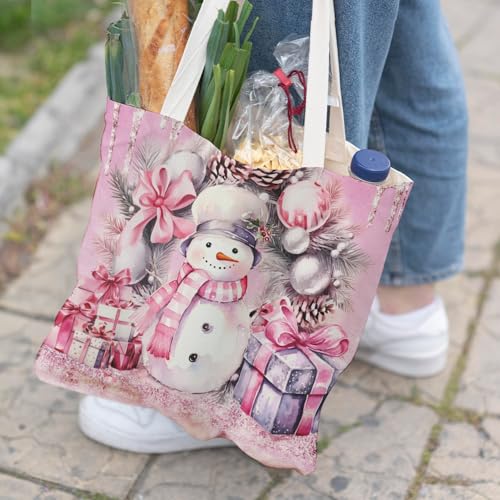 Veqzc Pink Snowman Christmas Canvas Tote Bag for Women