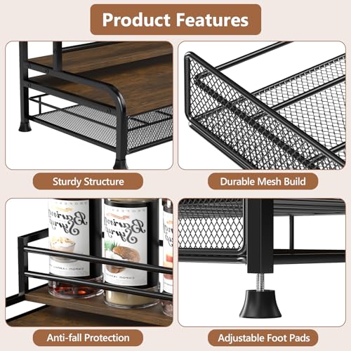 3-Tier Coffee Syrup Organizer with Pod Drawer - Metal & Wood Countertop Stand