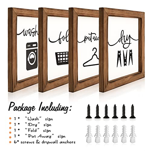 Rustic Farmhouse Laundry Room Wall Decor, Set of 4 Wooden Signs 8x8 Inch