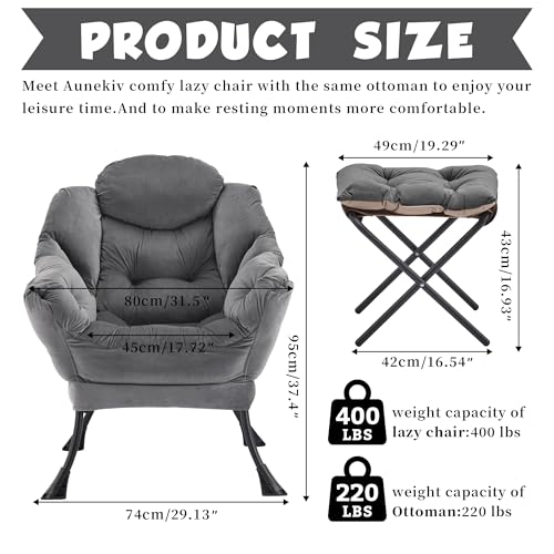 Lazy Reading Chair with Foldable Ottoman and Side Pocket, Dark Grey