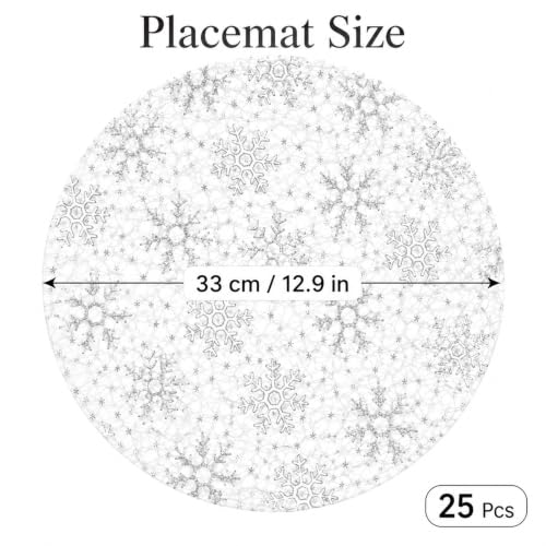 Silver Winter Snowflake Placemats 25-Pack, Disposable Mesh Round Mats