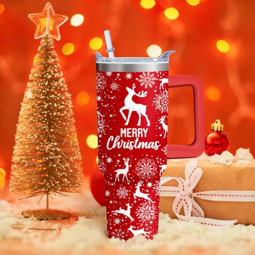 Kearscupra 40oz Reindeer & Snowflakes Tumbler with Handle & Straw – Stainless Steel Insulated Cup