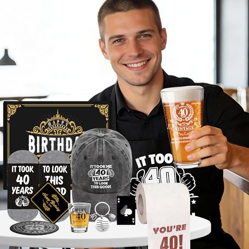 40th Birthday Gift Set for Men: Beer Glass, Shot Glass, Apron, and Accessories