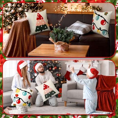Beeveer 2 Pcs Christmas Jacquard Throw Pillow Covers 18 x 18 in - Tree & Lantern 3D Embroidery
