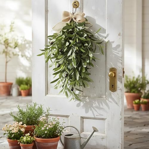 24-Inch Artificial Olive Branch Teardrop Swag for Front Door and Wall Decor
