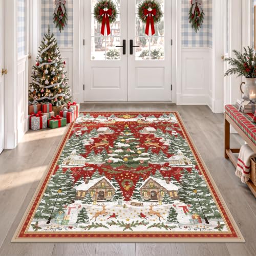 Olacotta Red 6x8 ft Christmas Tree Rug for Entryway - Washable Farmhouse Decor