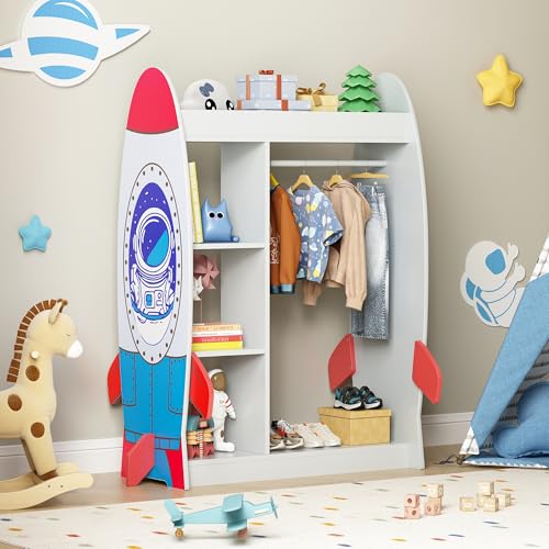 Rocket-Themed Kids Dress Up Wardrobe with Mirror & Storage Shelves