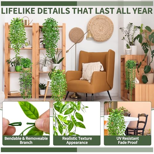 4 Pack Artificial Hanging Plants with Pots, UV Resistant Faux Greenery Set