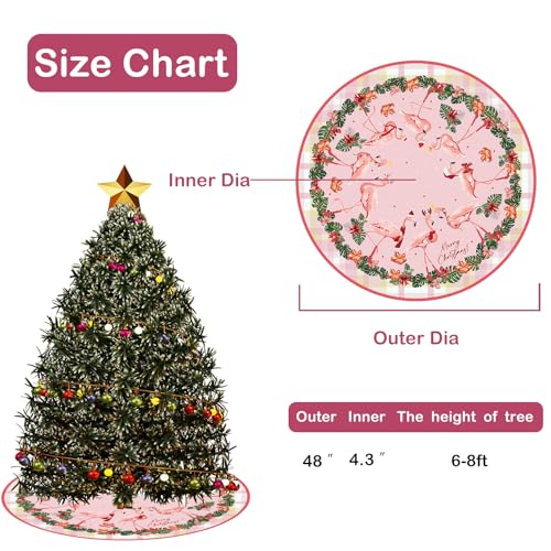 48-Inch Coastal Christmas Tree Skirt with Flamingo & Tartan Border