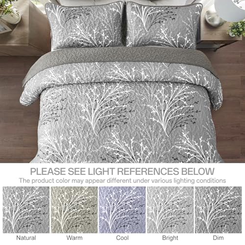 DJY Queen Botanical Quilt Set - 3-Piece Grey Microfiber Coverlet Bedspread