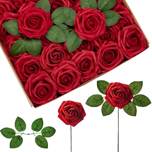 50 Pcs Dark Red Artificial Foam Roses with Adjustable Stems