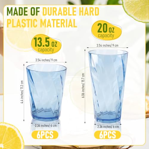 LemonRoad 12 Pack Reusable Plastic Drinking Glasses Set - Blue, 20oz & 13.5oz