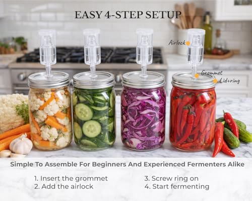 Stainless Steel Fermentation Lids with Airlocks for Wide Mouth Mason Jars 4 Pack