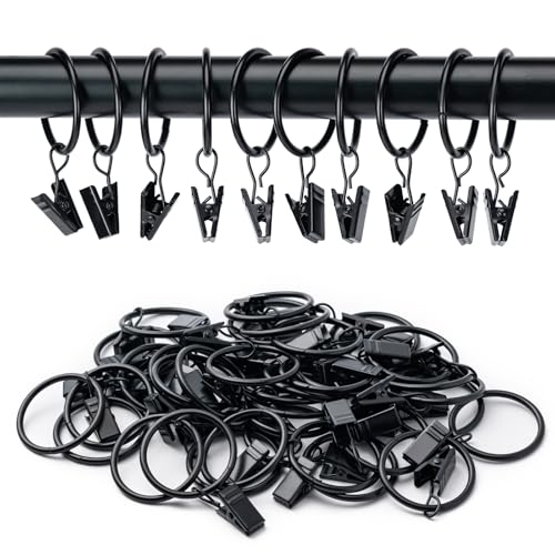 36-Pack Black Curtain Rings with Clips, 1.26-Inch Internal Diameter
