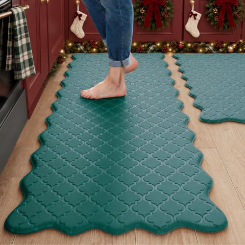 Arenarug 2pc Upgrade Scalloped Kitchen Mats Rug set, Christmas Green – Spruce Green 17.3" x 30" + 17.3" x 59"