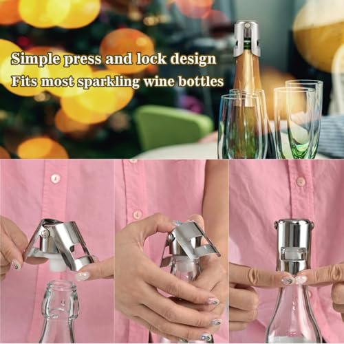 Stainless Steel Champagne Bottle Stoppers - 6 Pack Sparkling Wine Savers
