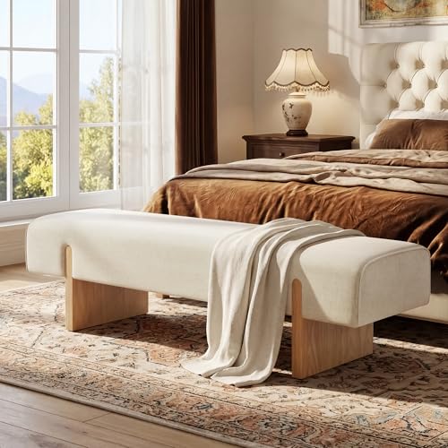 55-Inch Upholstered Bench with Solid Wood Legs, Beige Linen Bedroom Bench