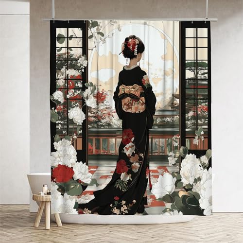 Japanese Geisha 4-Piece Shower Curtain and Non-Slip Bathroom Rug Set