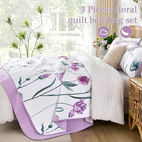 Purple Floral Queen Quilt Set, 3-Piece Reversible Coverlet Set