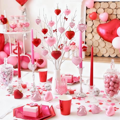 LEBERY Pink Valentine Heart Shaped Ornaments – 30Pcs Hanging Christmas & Wedding Decor (Pink)