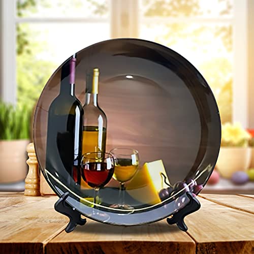 10-Inch Decorative Ceramic Plate with Display Stand - Wine Bottle Theme