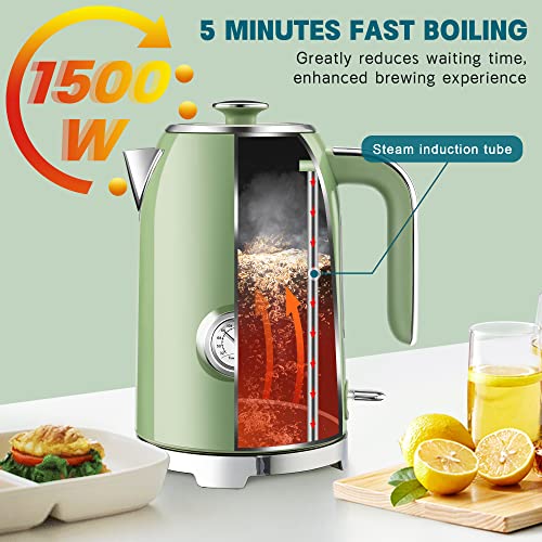 1.7L Retro Electric Kettle with Thermometer - Stainless Steel Water Boiler