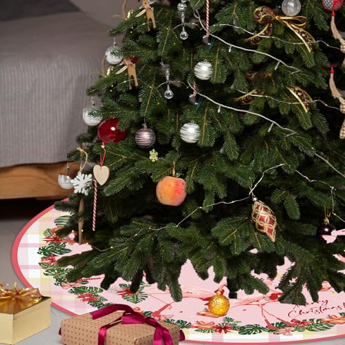 48-Inch Coastal Christmas Tree Skirt with Flamingo & Tartan Border