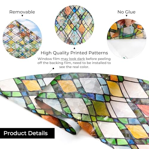 Rainbow Stained Glass Window Film - 17.5" x 78.7" Non-Adhesive