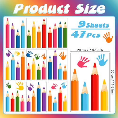 Colorful Pencil and Handprint Wall Decals - 47 Pcs Peel and Stick Decor