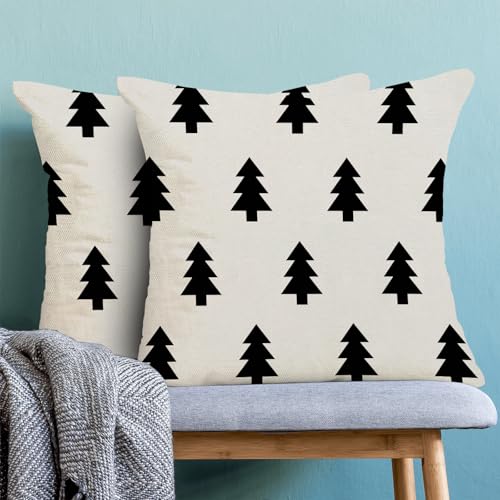 BETGINY 20x20 Inch Christmas Pillow Covers Set of 2 White Black Winter Tree Decor Linen Cushion Cases for Couch Bed Sofa Outdoor
