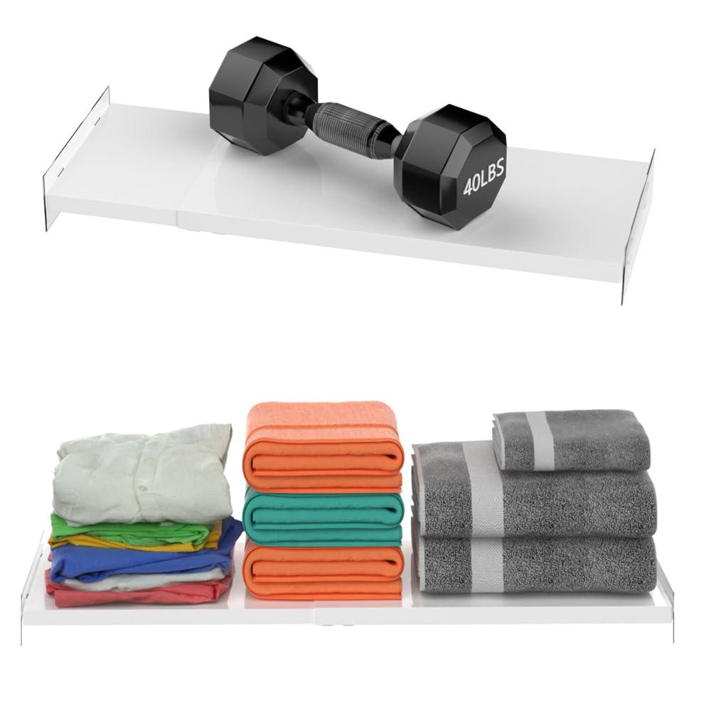 Slideep Expandable Closet Tension Shelf, Metal Adjustable Wardrobe Shelves Organizer System with Strong Seamless Sticker for Kitchen, Wardrobe, Cupboard 2 Pack (L:16.9'' to 31.5"; W:11.8")