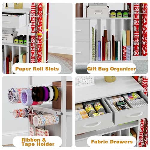 Rolling Wrapping Paper Storage Cart with Foldable Table and Drawers